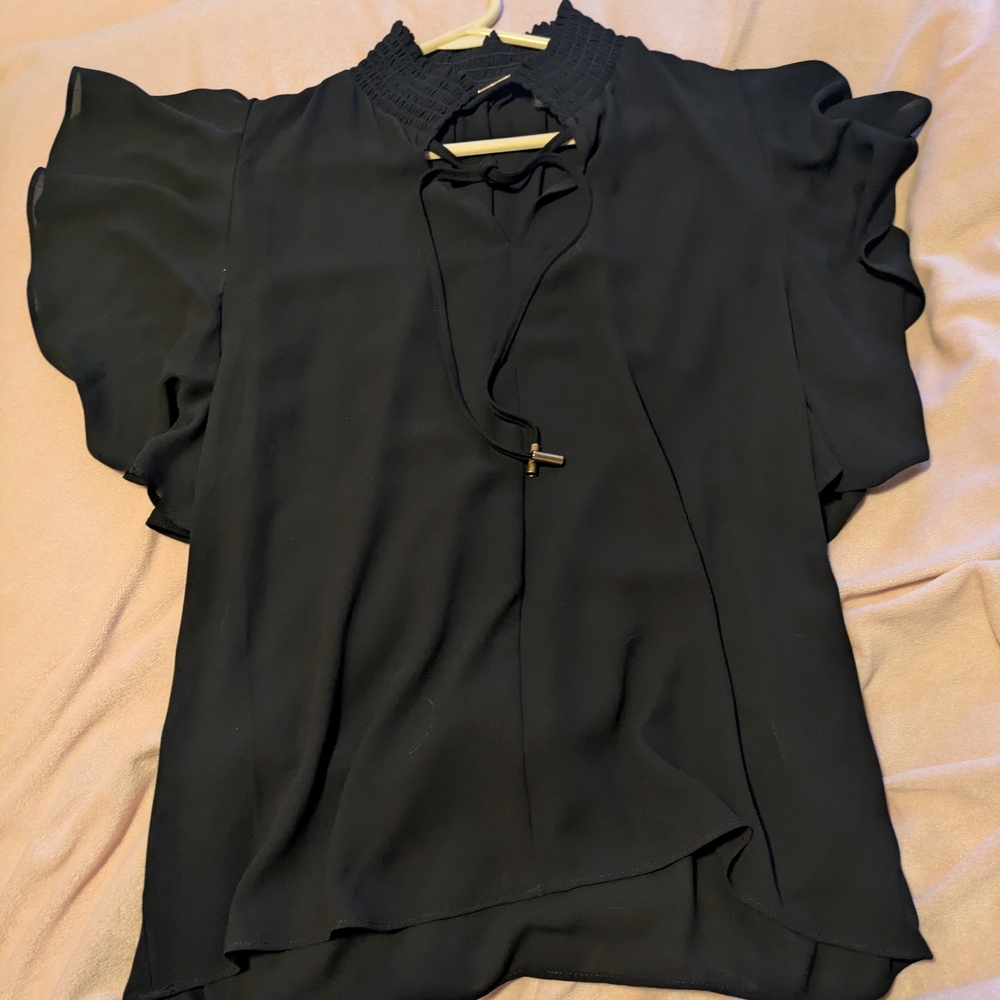 Tahari Black Mock Neck Ruffle Sleeve Blouse - Picture 2 of 6
